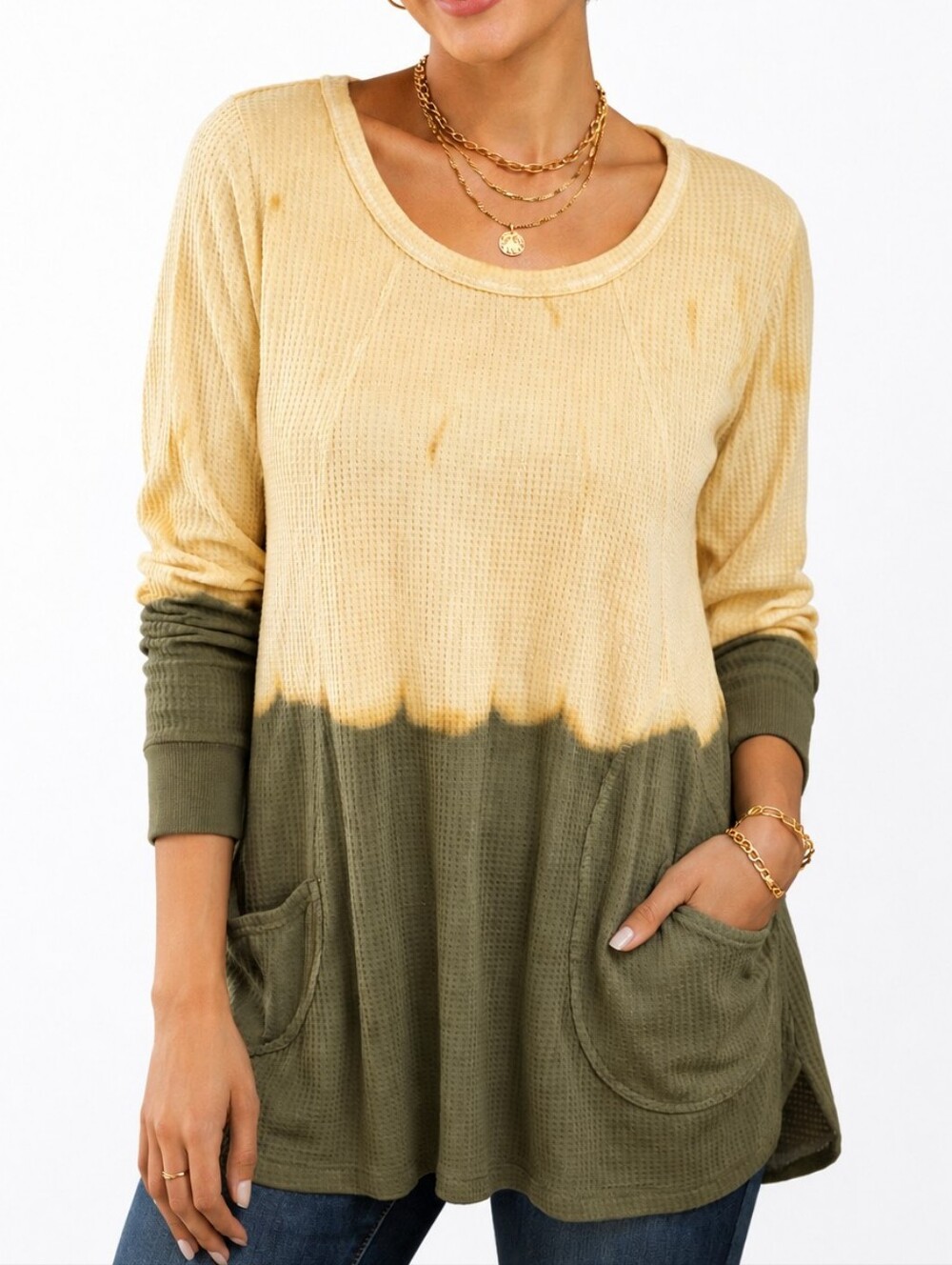 LOGO Tunic Waffle Knit Size Small Dip Dye Long Sleeve Top Casual Relaxed Fit